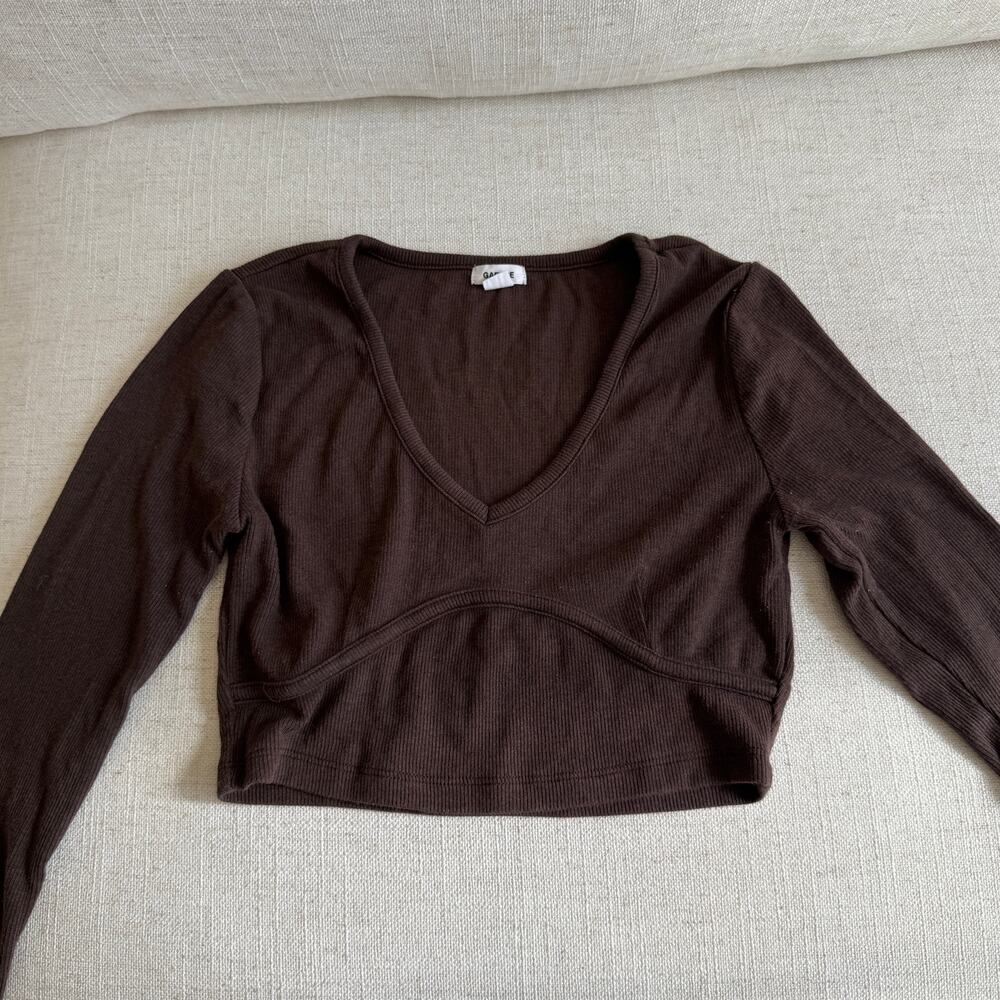 Garage Brown Ribbed Knit Long Sleeve Crop Top